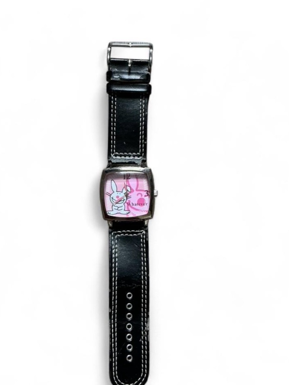 Pink Bunny Dial Black Strap Watch